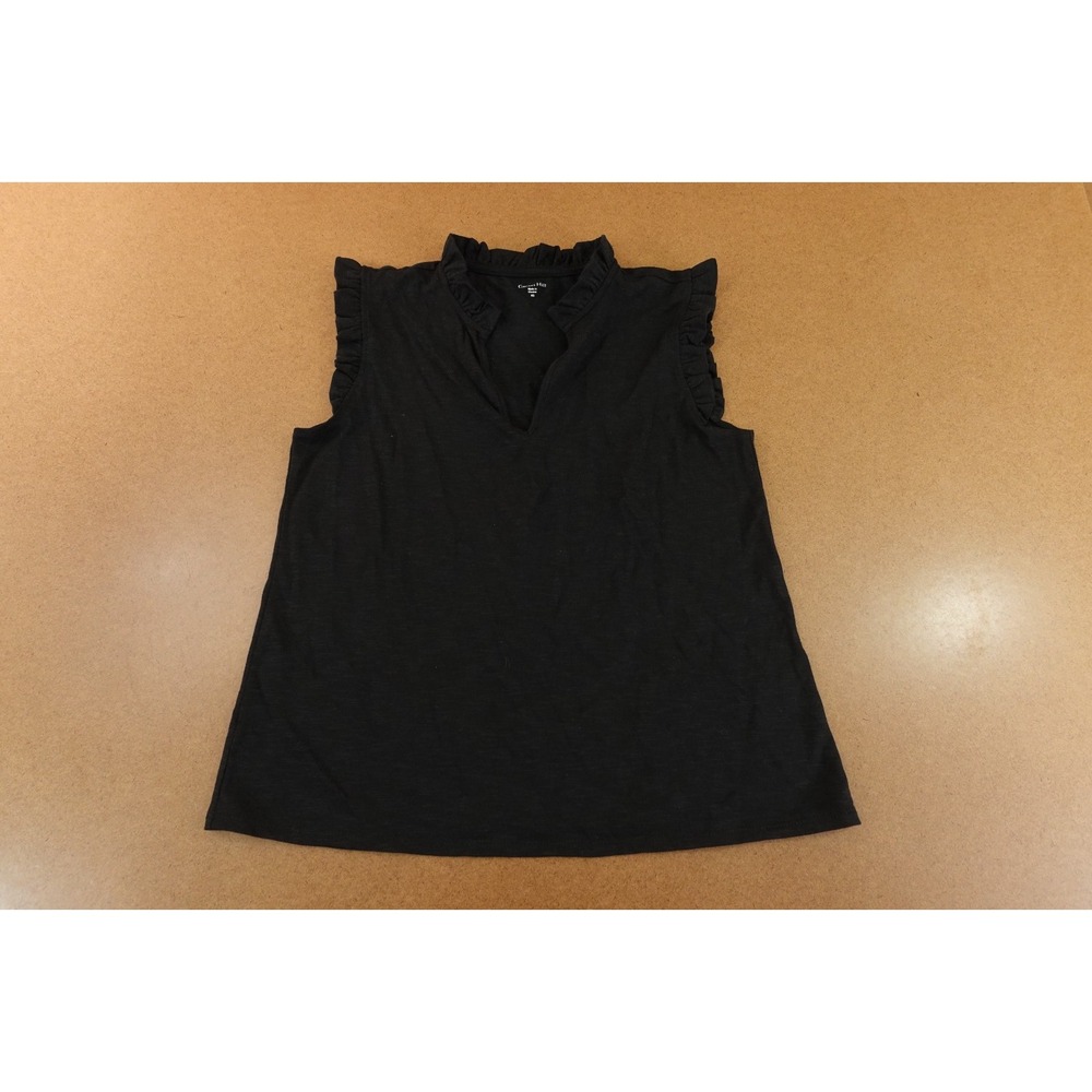 Garnet Gill Womens Size XS Black Ruffle Trim V-Neck Sleeveless Blouse NWOT
